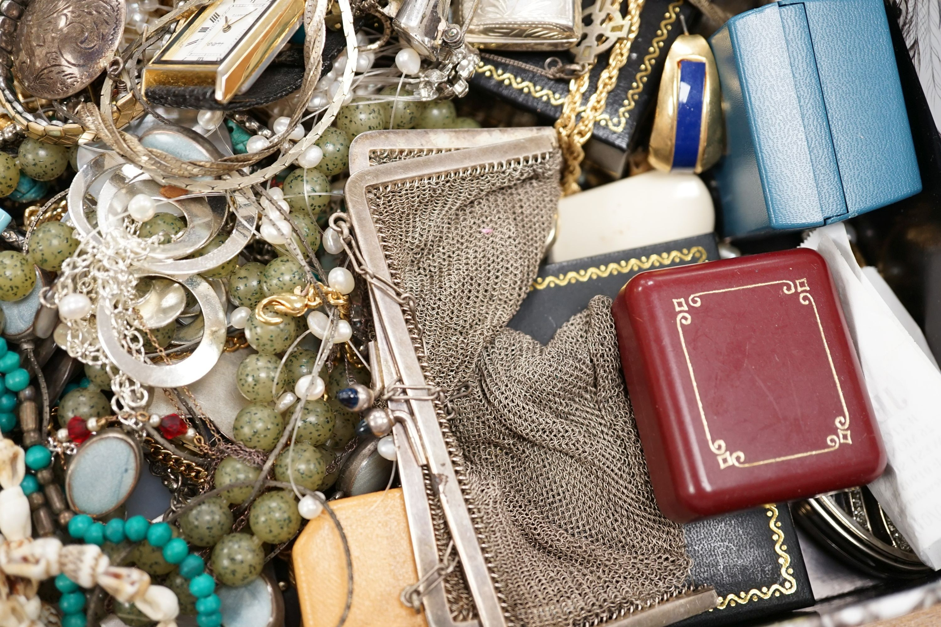 A quantity of assorted mainly costume jewellery etc. including cultured pearl necklace, white metal bangle and watches.